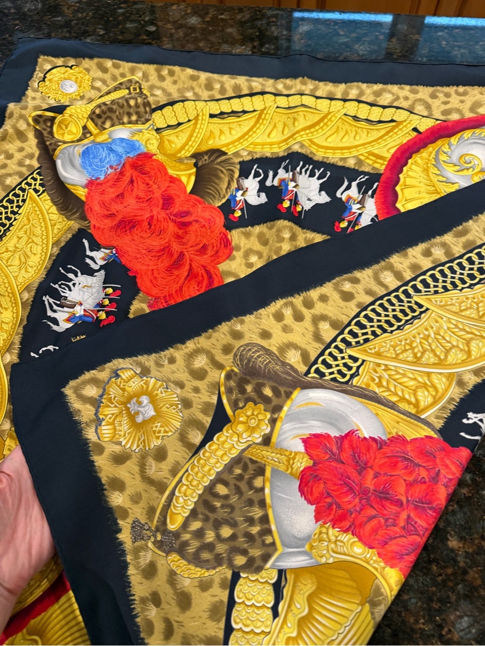 Hermes Luxury Women's Silk Scarf in Black, Gold and Red
